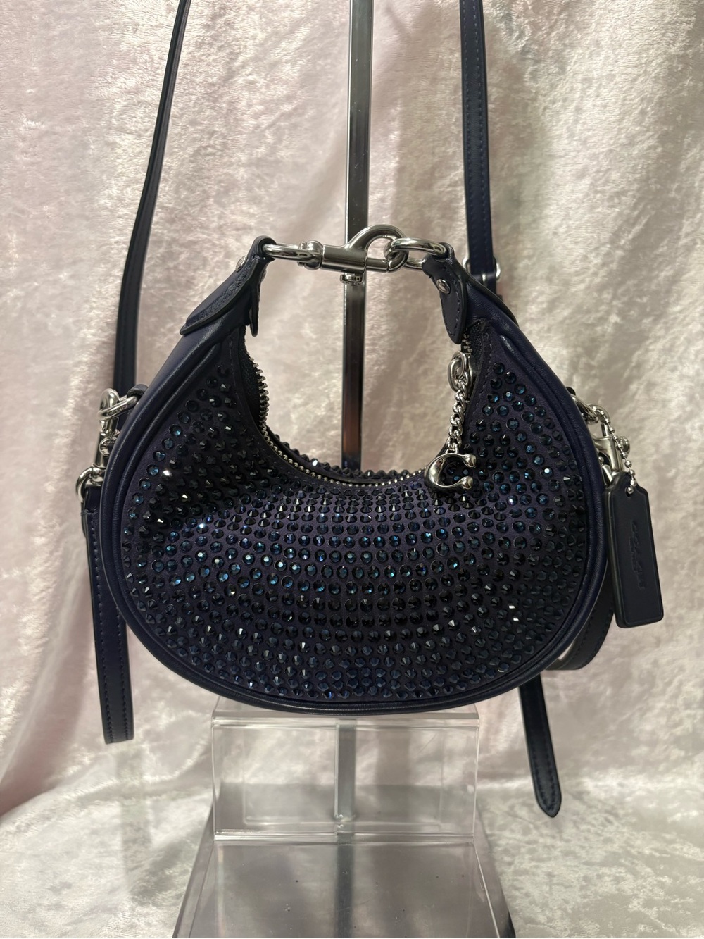 Coach Crystal Joanie Crossbody Mini Bag in Navy Blue Suede Leather NEW
